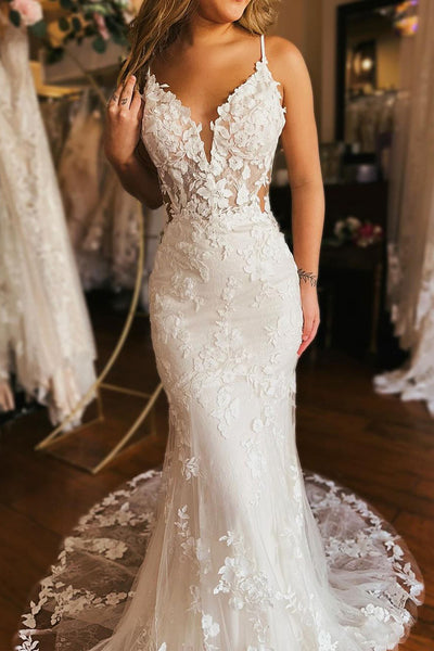 Elegant Mermaid V Neck Lace Wedding Dresses with Appliques AB4011705