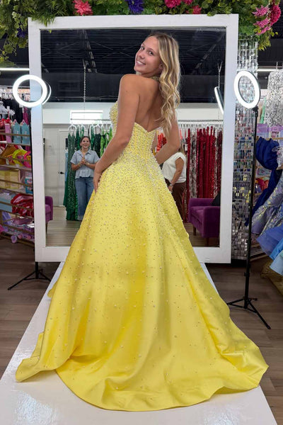 A Line V Neck Yellow Hot Fix Satin Prom Dress with Beading AB26102909