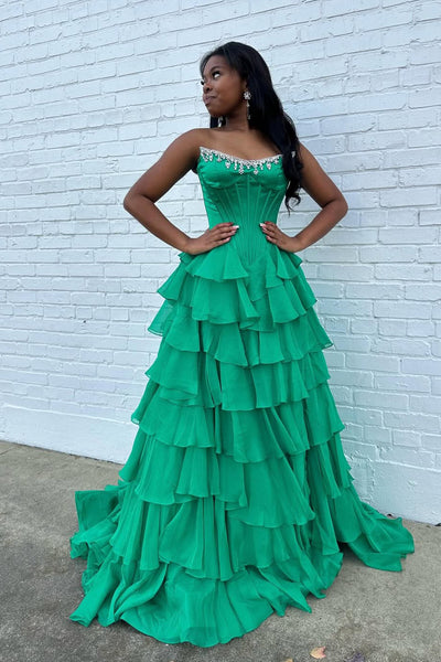 A Line Scoop Neck Green Chiffon Tiered Prom Dress with Beading AB25120307