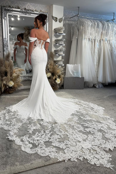 Elegant Off the Shoulder Mermaid Satin Wedding Dress with Appliques AB25102109