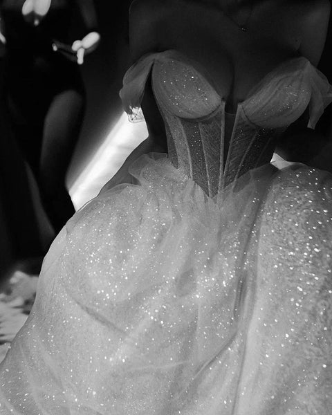 Glitter A Line Off the Shoulder Sequins Wedding Dresses ABWD061803