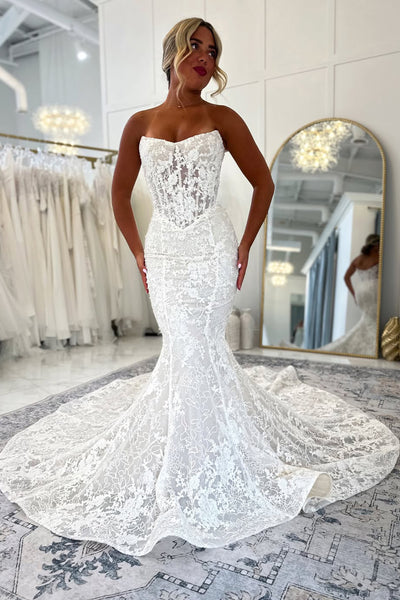 Mermaid Scoop Neck Lace Wedding Dress with Appliques AB26062411