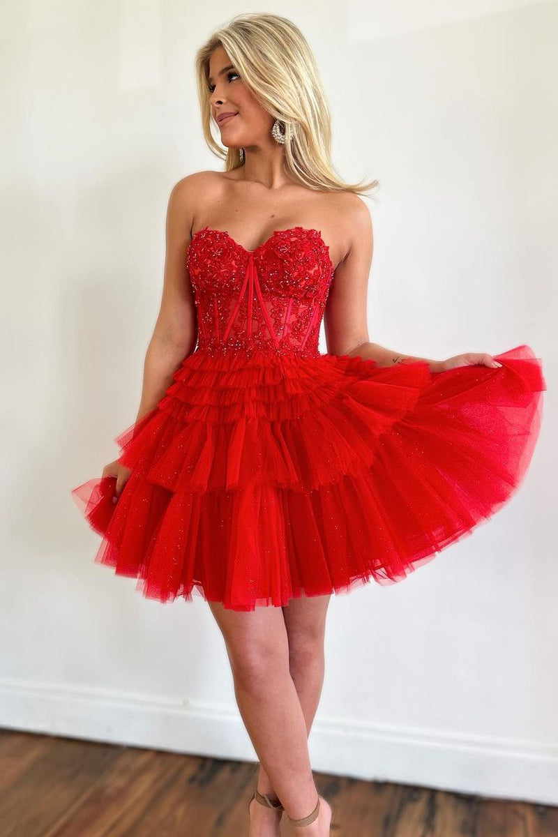 red tulle dress Strapless Slit A Line Floor Length Prom flowy red tulle outer layer with a romantic Cute A Line Sweetheart Red