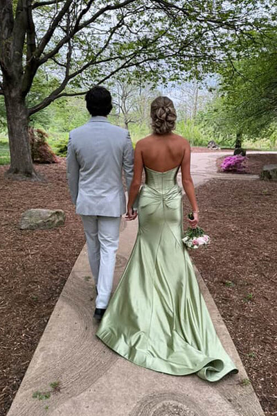 Cute Mermaid Halter Saga Green Satin Long Prom Evening Dresses with Slit AB25052837