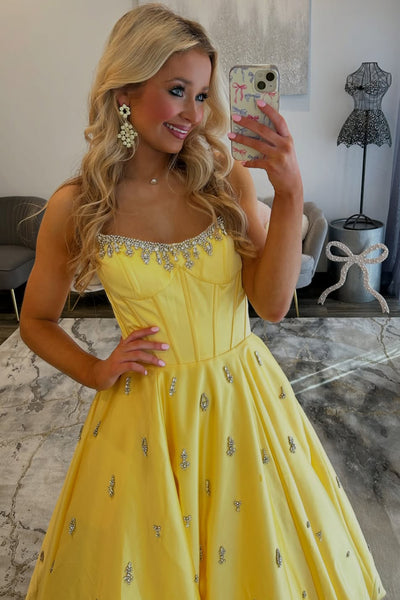 Gorgeous Ball Gown Scoop Neck Yellow Satin Prom Dress with Beading AB26031308