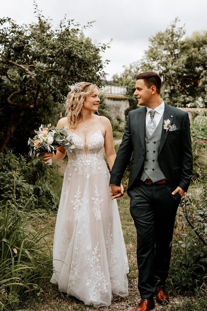 Fairy A Line V Neck Tulle Long Beach Wedding Dresses with Appliques AB24102207 Fairy A Line V Neck Tulle Long Beach Wedding Dresses with Appliques AB24102207
