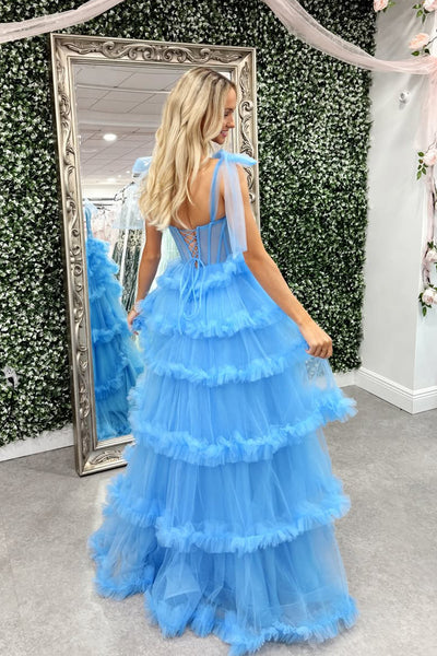 Cute A Line Scoop Neck Blue Tiered Tulle Long Prom Dress with Beading AB26012901