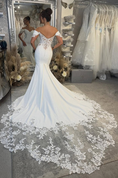 Elegant Mermaid Off the Shoulder Elastic Satin Wedding Dress with Appliques AB26010401