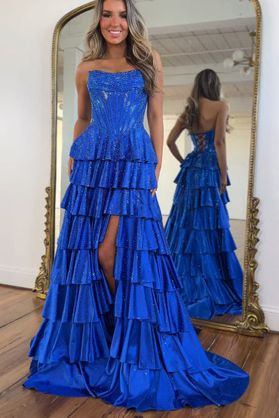 Gorgeous A Line Scoop Neck Royal Blue Hot Fix Tiered Prom Dress AB26011003