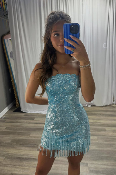 Cute TIght Strapless Blue Sequins Short Homecoming Dress AB26062406