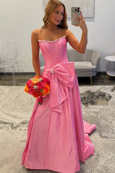 Cute A Line Scoop Neck Pink Taffeta Satin Prom Dress with Beading AB25102906