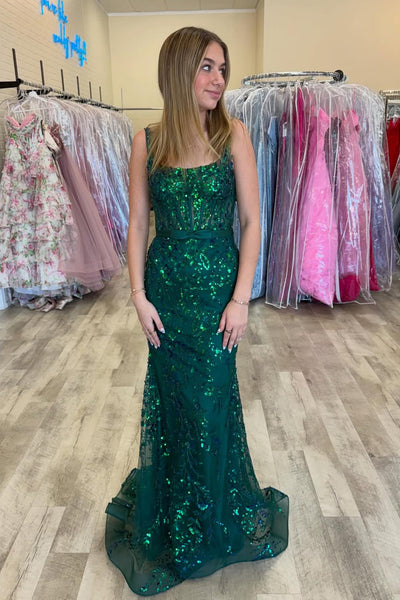 Sparkly Mermaid Square Neck Sequins Green Lace Prom Dress AB26040103