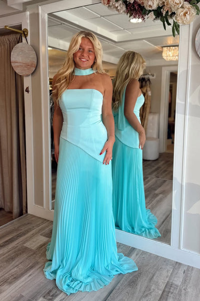 Sheath Strapless Blue Pleats Chiffon Long Prom Dresses AB26021004