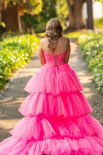 Cute Ball Gown High Low Sweetheart Hot Pink Tulle Long Prom Dress AB120402