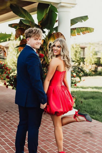 Cute A Line Scoop Neck Red Satin Short Homecoming Dress with Handmade Flowers AB25100707