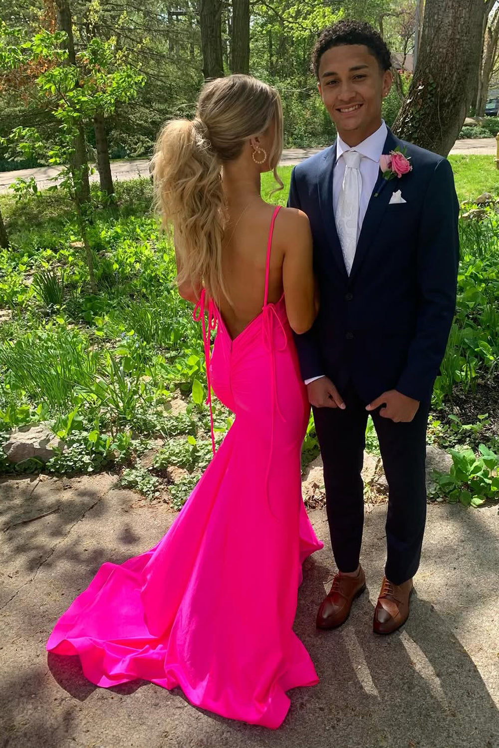 Charming Mermaid V Neck Pink Elastic Satin Prom Dress with Slit AB25060504