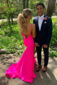 Charming Mermaid V Neck Pink Elastic Satin Prom Dress with Slit AB25060504