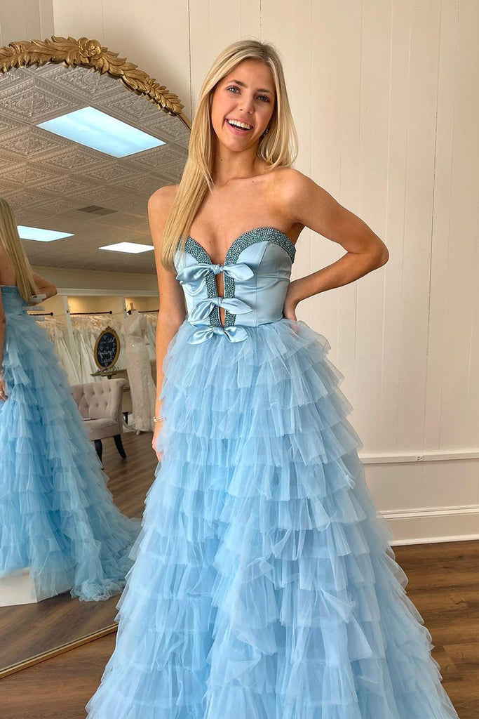 Cute A Line Sweetheart Light Blue Tiered Tulle Prom Dress with Beading