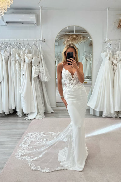 Elegant Mermaid V Neck Satin Wedding Dress with Appliques AB25120106