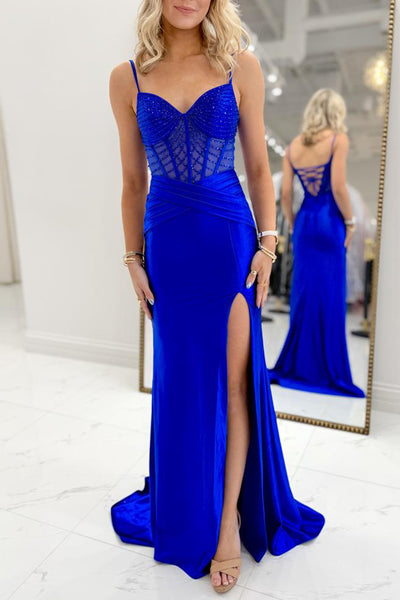 Cute Mermaid V Neck Royal Blue Satin Prom Dresses with Beading AB26020908
