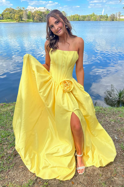 A Line Strapless Yellow Satin Slit Prom Dress with Slit AB26033010