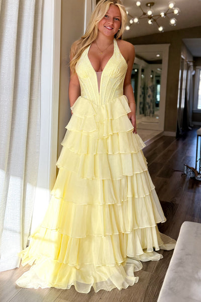 Fairy A Line V Neck Halter Daffodil Tiered Chiffon Prom Dress AB26070718