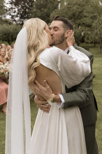 Fairy A Line Deep V Neck Silk Satin Long Wedding Dresses with Open Back AB082405
