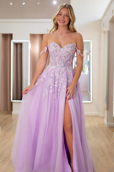 Cute A Line Sweetheart Lavender Tulle Prom Dress with Appliques AB26030505