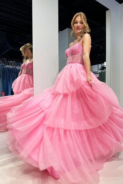 Cute A Line Sweetheart Tiered Tulle Pink Prom Dress AB4050402