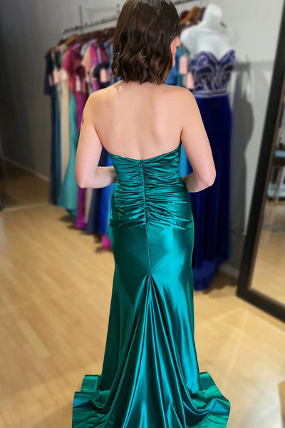 Charming Mermaid Sweetheart Keyhole Green Satin Long Prom Dress with Slit AB25120304