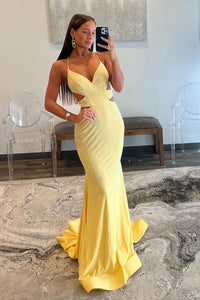 Sparkly Mermaid V Neck Yellow Satin Long Prom Dresses with Beading AB102703