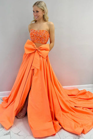 Two Piece Strapless Orange Satin Long Prom Dresses with Bow AB4030303