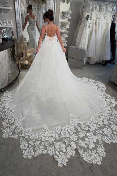 Elegant Mermaid V Neck Elastic Satin Wedding Dress with Appliques AB26060101