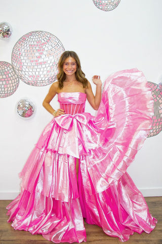 Cute Ball Gown Strapless Pink Organza Long Prom Dress with Bow AB24111414