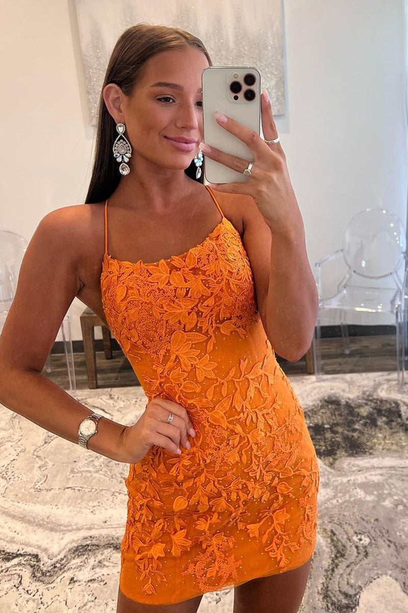 Cute Bodycon Scoop Neck Orange Lace Homecoming Dresses AB080102