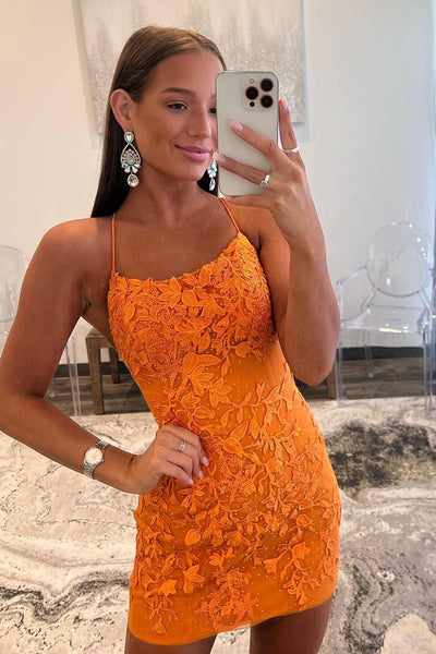 Cute Bodycon Scoop Neck Orange Lace Homecoming Dresses AB080102