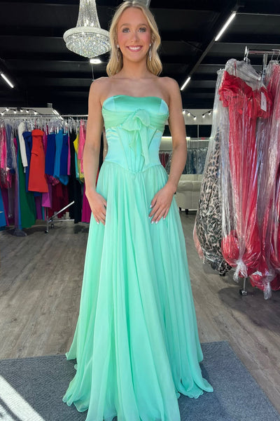 Simple A-Line Strapless Blue Chiffon Prom Dress with Bow AB021508
