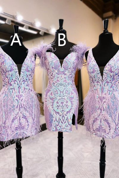 Cute Bodycon Lavender V Neck Sequin Homecoming Dresses with Feather AB081705