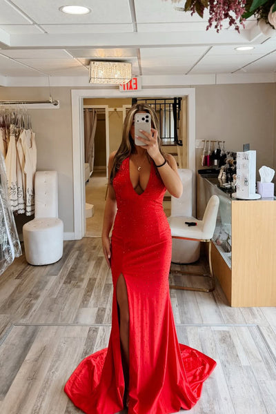 Chic Mermaid V Neck Red Elastic Satin Prom Dress with Hot Fix AB26041903