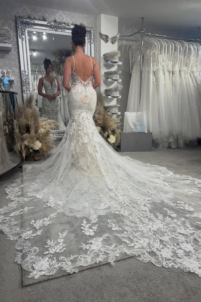 Stunning Mermaid V Neck Lace Wedding Dress with Appliques AB26012913