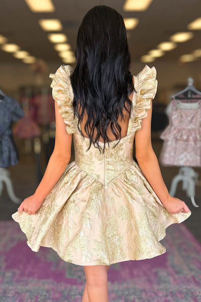 A Line Sweetheart Gold Jacquard Satin Short Homecoming Dress AB26060809