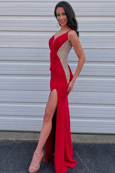 Charming Mermaid V Neck Red Satin Slit Prom Dress with Beading AB05052903