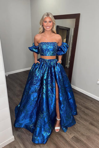 Two Piece Strapless Royal Blue Jacquard Long Prom Dresses with Pockets AB25032901