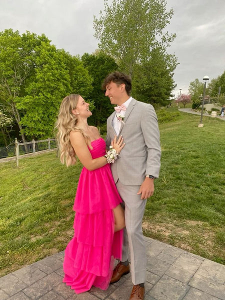 Cute A Line Strapless Pink Satin Tiered Prom Dress AB25010310