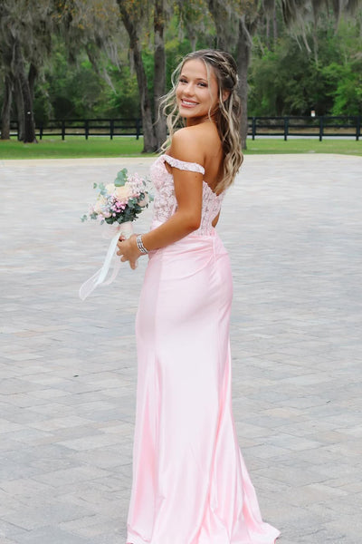 Stunning Mermaid Off the Shoulder Light Pink Satin Prom Dress with Appliques AB26041905