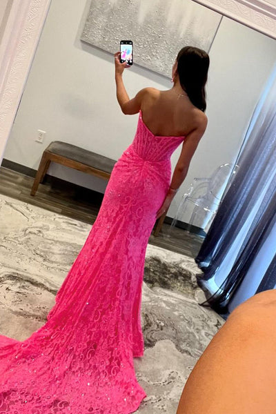 Cute Mermaid Scoop Neck Hot Pink Lace Long Prom Dress with Slit AB4020103