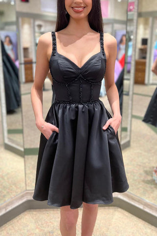 Cute A Line Sweetheart Straps Black Satin Short Homecoming Dresses with Pockets ABHC061835