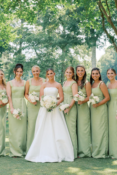 Sheath Square Neck Green Satin Long Bridesmaid Dress AB26102106