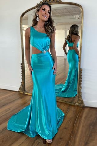 Charming Mermaid One Shoulder Teal Satin Prom Dresses AB24102109