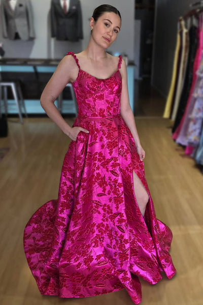 A Line Sweetheart Red Jacquard Satin Long Prom Dress with Slit AB26030504